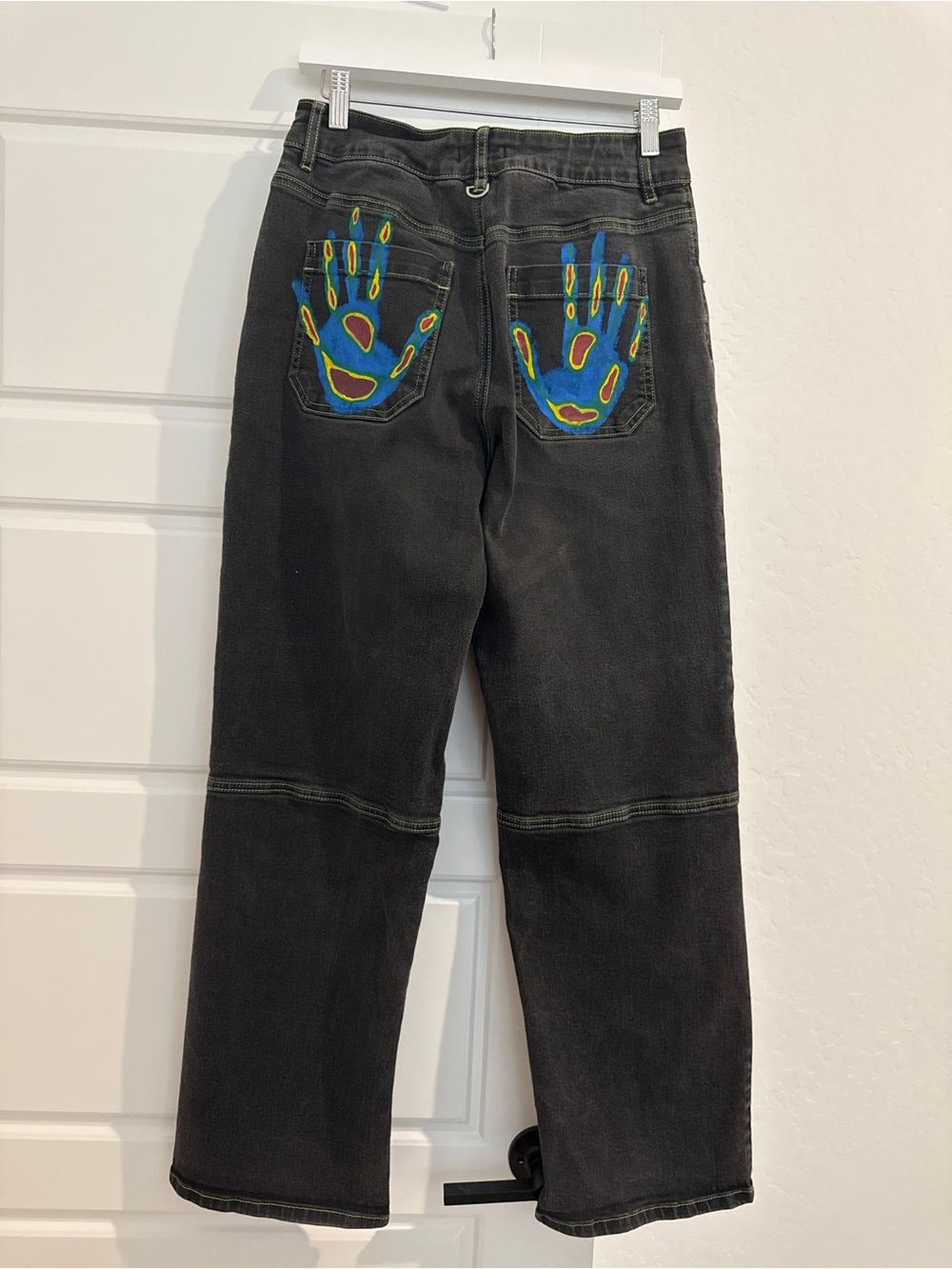 Upcycled Hand Painted Back Graphic Hot Topic Black Jeans with Green Stitching